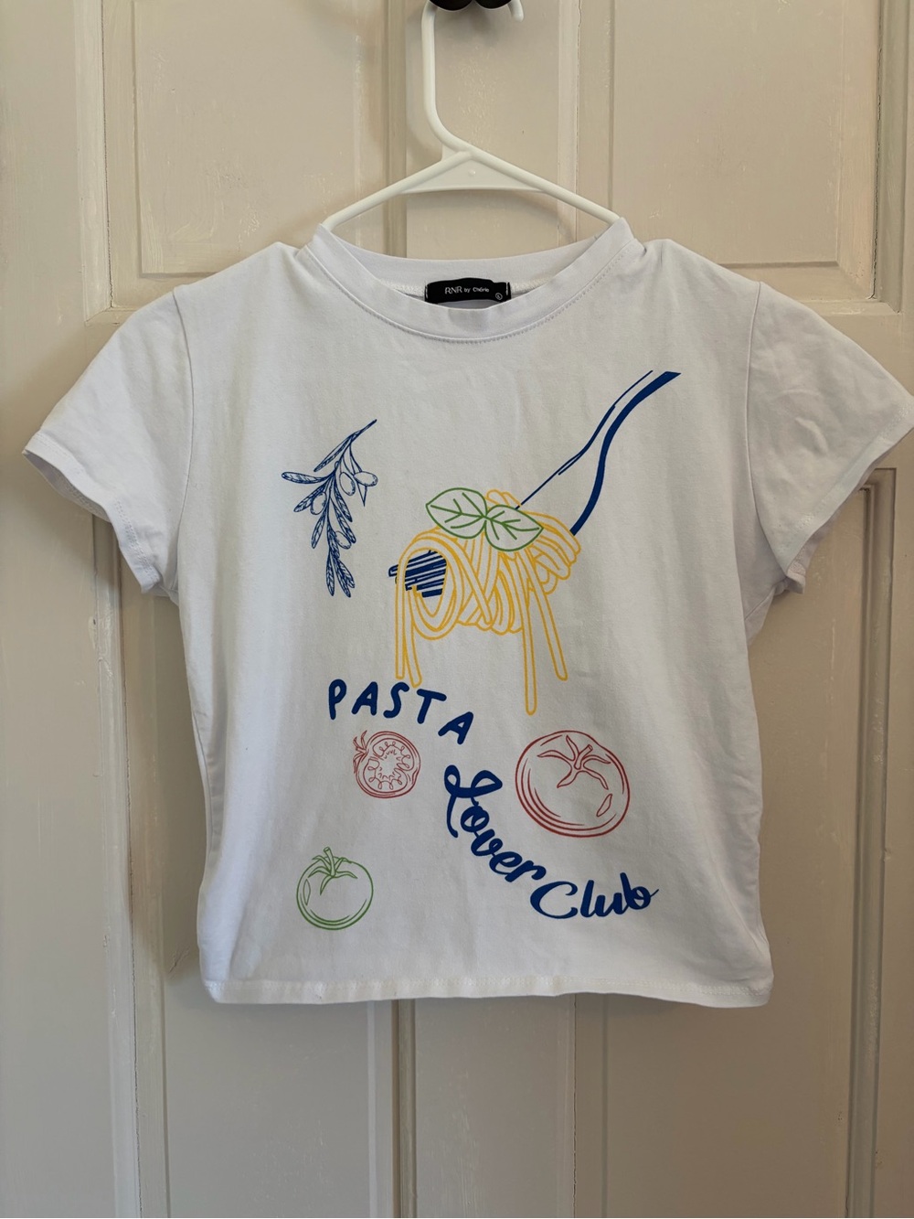 White baby tee Pasta Lover Club graphic 95% cotton size Large euro summer